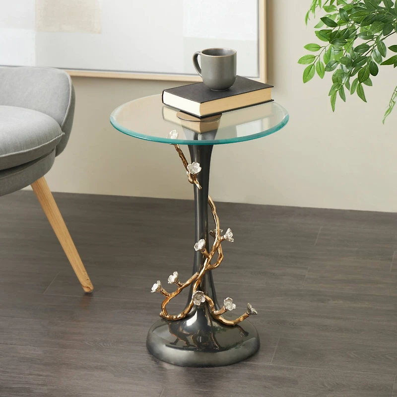 22.75" Black Aluminum Floral Twisted Vine Accent Table with Gold & Silver Accents & Glass Tabletop