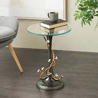22.75" Black Aluminum Floral Twisted Vine Accent Table with Gold & Silver Accents & Glass Tabletop