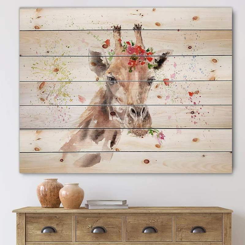 Designart - Portrait of A Giraffe With Flowers III