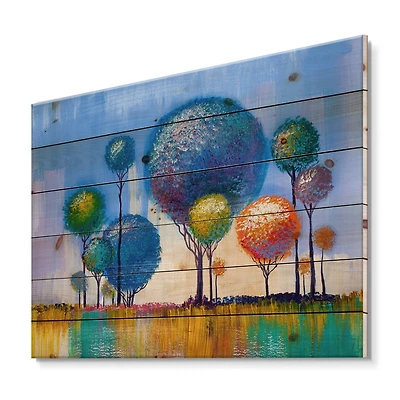 Designart - Colourful Trees Impressionist Landscape I - Modern Print on Natural Pine Wood