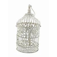 Vintage Distressed White Metal Floral Bird Cage Set