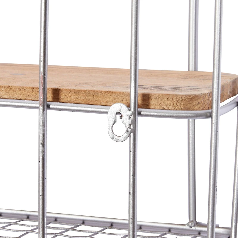 Set of 2 Silver Metal Basket & Wooden Wall Shelf Units With Hooks