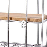 Set of 2 Silver Metal Basket & Wooden Wall Shelf Units With Hooks