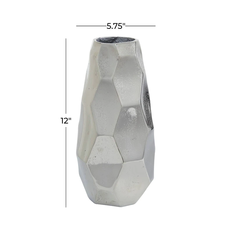 Contemporary Geometric-Style Metallic Silver Aluminum Vase, 12" x 5.7" x 5.4"