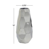 Contemporary Geometric-Style Metallic Silver Aluminum Vase, 12" x 5.7" x 5.4"