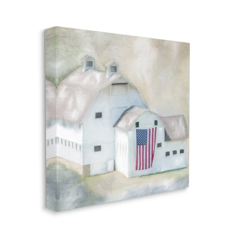 Stupell Industries American Flag White Farmhouse Barn Rural Countryside Canvas Wall Art