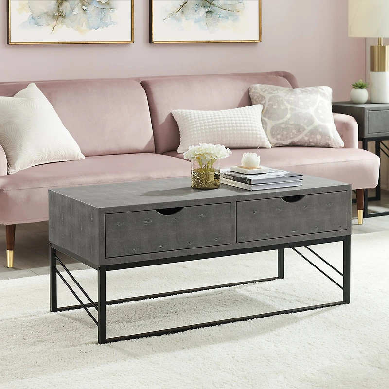 Gray 2-Drawer Faux Shagreen Coffee Table