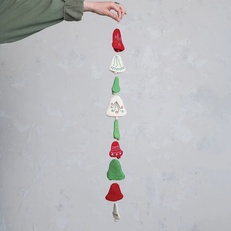 Hello Honey® 6ft. Cream, Red & Green Handmade Wool Felt Embroidered Bells Garland