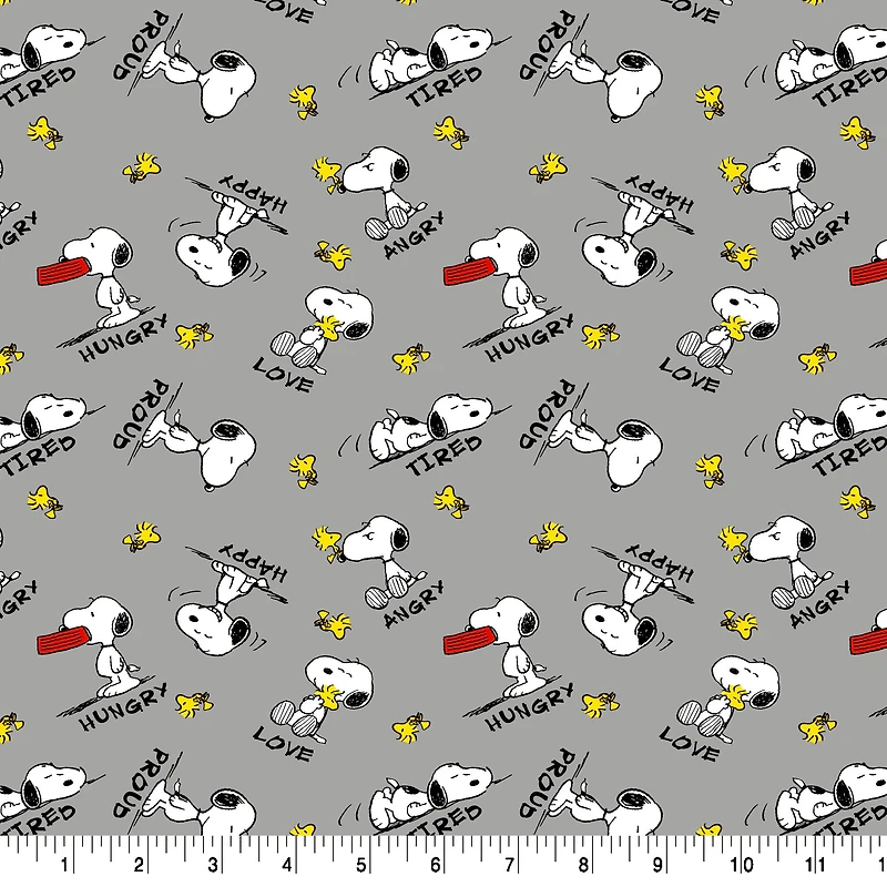 Peanuts® Snoopy & Woodstock Feelings on Gray Cotton Fabric