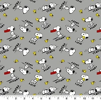 Peanuts® Snoopy & Woodstock Feelings on Gray Cotton Fabric
