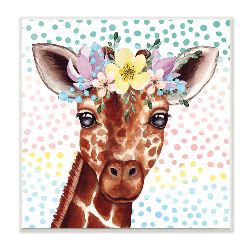 Stupell Industries Chic Giraffe Spring Floral Crown Rainbow Polka Dot Ombre,12" x 12"