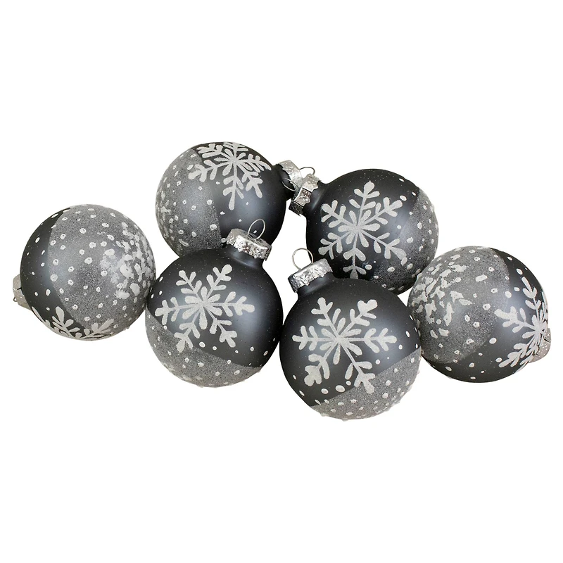 6ct. 4" Gray & White Snowflake Glass Ball Ornaments