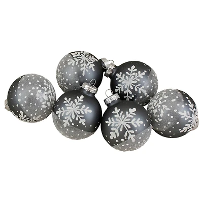 6ct. 4" Gray & White Snowflake Glass Ball Ornaments