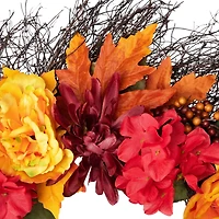 24" Autumn Harvest Peony, Mum & Feather Thanksgiving Wreath, Unlit