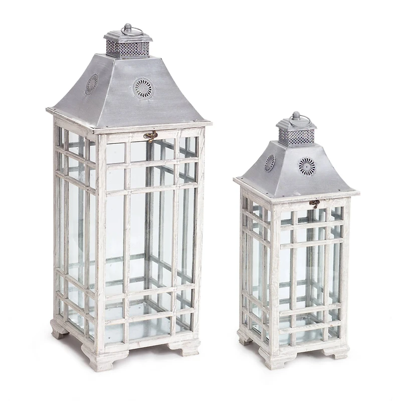 White and Gray Metal & Glass Lantern Set, 24.5'' & 33''