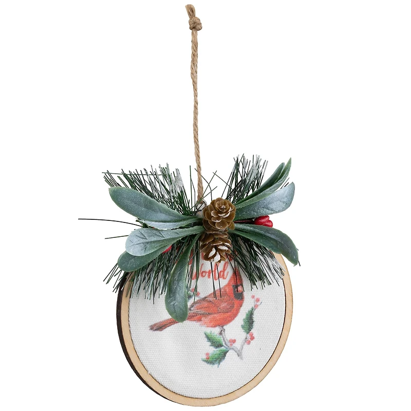 Cardinal and Pinecone "Joy to the World" Pine Disc Christmas Ornament - 5.25"
