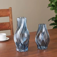 Blue Wavy Ombre Glass Vase Set