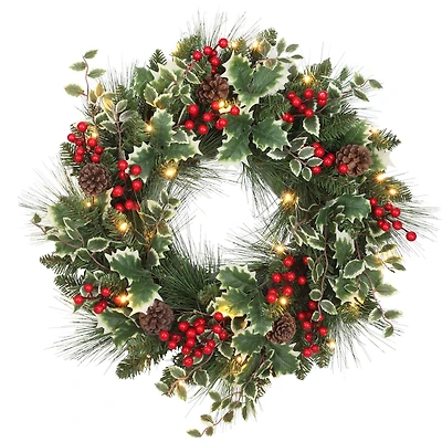 Haute Decor 24" Pre-Lit Holly, Pine & Berry Christmas Wreath, Soft White LED Lights
