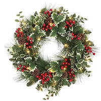 Haute Decor 24" Pre-Lit Holly, Pine & Berry Christmas Wreath, Soft White LED Lights
