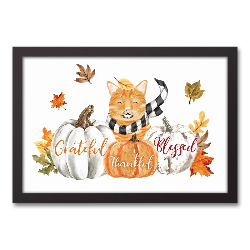 Kitty With Pumpkins Canvas Wall Art with Black Frame