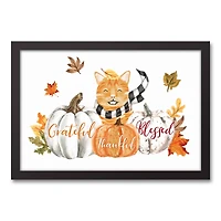 Kitty With Pumpkins Canvas Wall Art with Black Frame