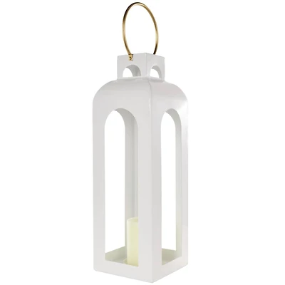 27" White Metal Arched Cutout Candle Lantern