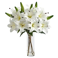 25" Artificial Lily Arrangement with Cylinder Glass Vase