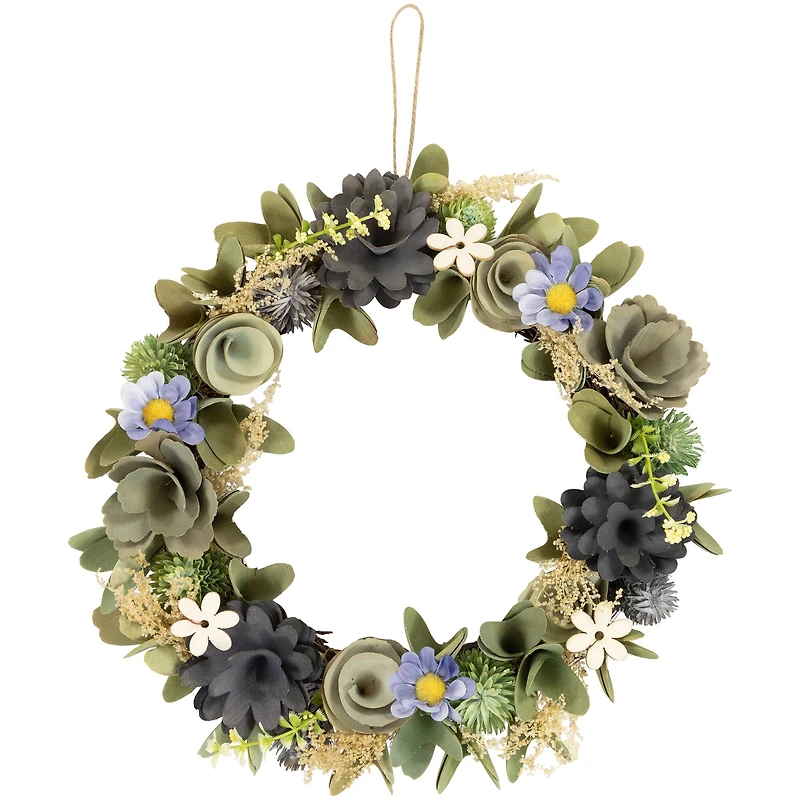 10.5" Green & Blue Wooden Mixed Floral Artificial Spring Wreath