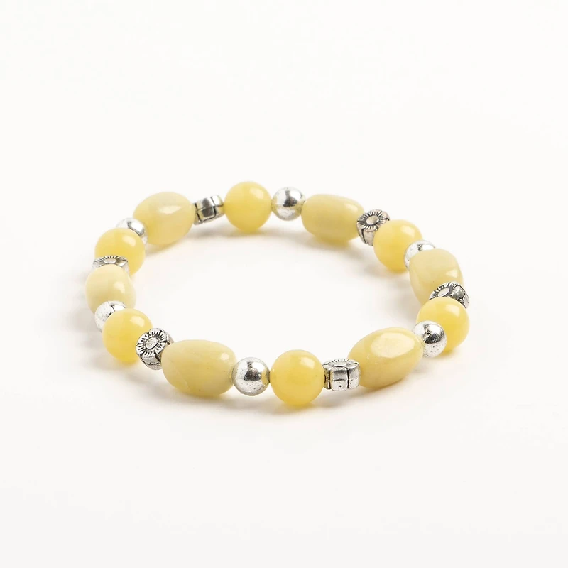 John Bead New Jade Natural Stone Stretch Bracelet with Silver Flower Spacer Beads