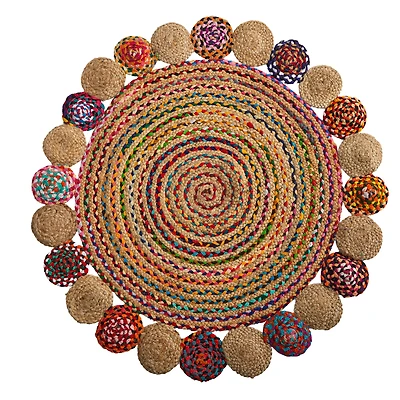 4ft. x 4ft. Hand Braided Colorful Chindi Jute Mandala Round Rug