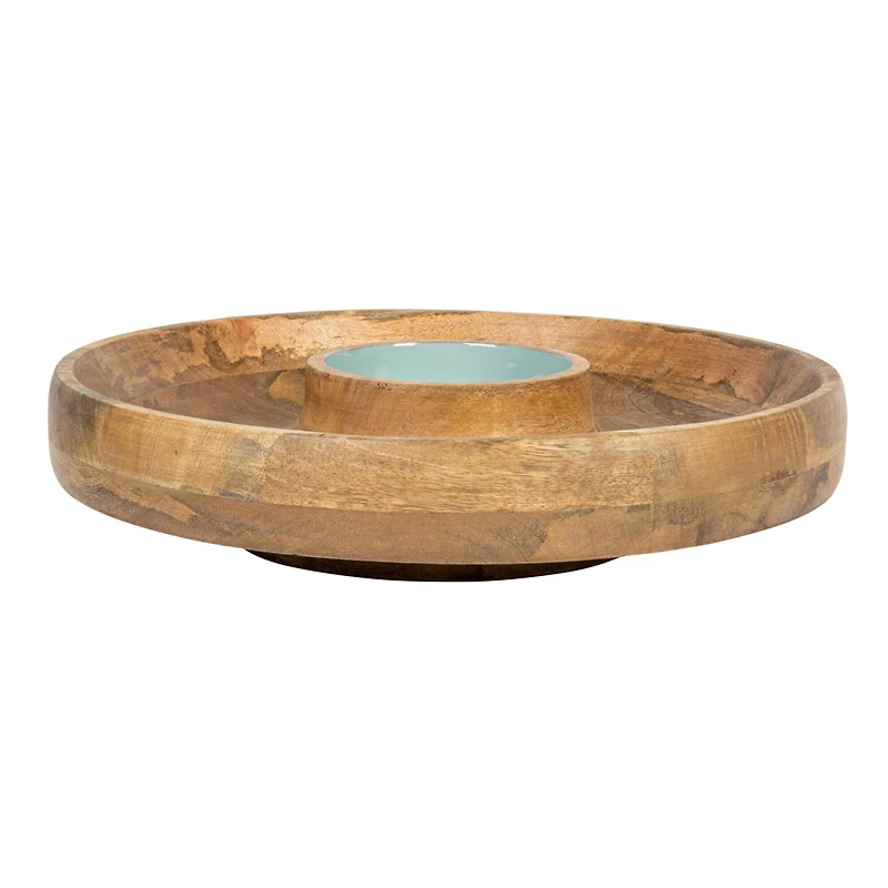 Hello Honey® 13.75" Mango Wood with Blue Enamel Center 2 Section Lazy Susan Server
