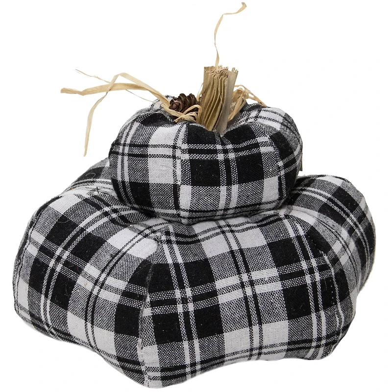 5.5" Black & White Plaid Stacked Fall Harvest Tabletop Pumpkin