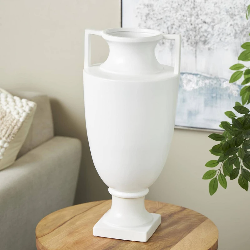 22" White Urn-Shaped Ceramic Vase with Handles