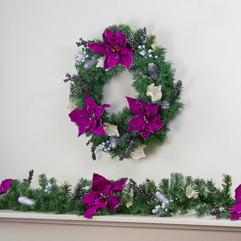 24" Two-Tone Pine with Purple Poinsettias & Berries Wreath