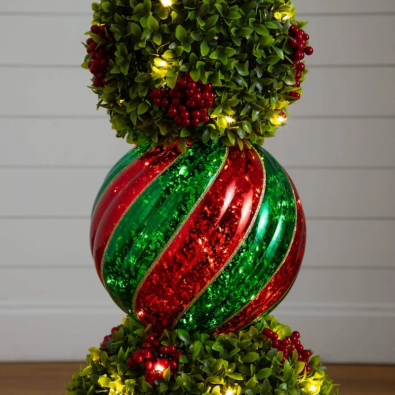 3ft. Pre-Lit Artificial Christmas Ornament Boxwood Topiary Tree with 70 Warm White LED Lights