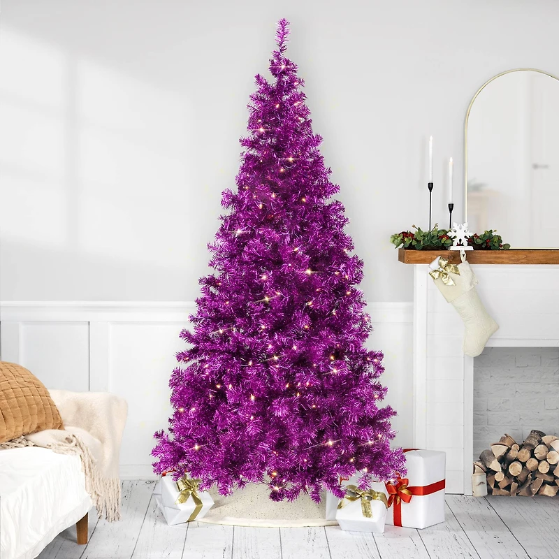 7ft. Pre-Lit Purple Artificial Tinsel Christmas Tree, Clear Lights