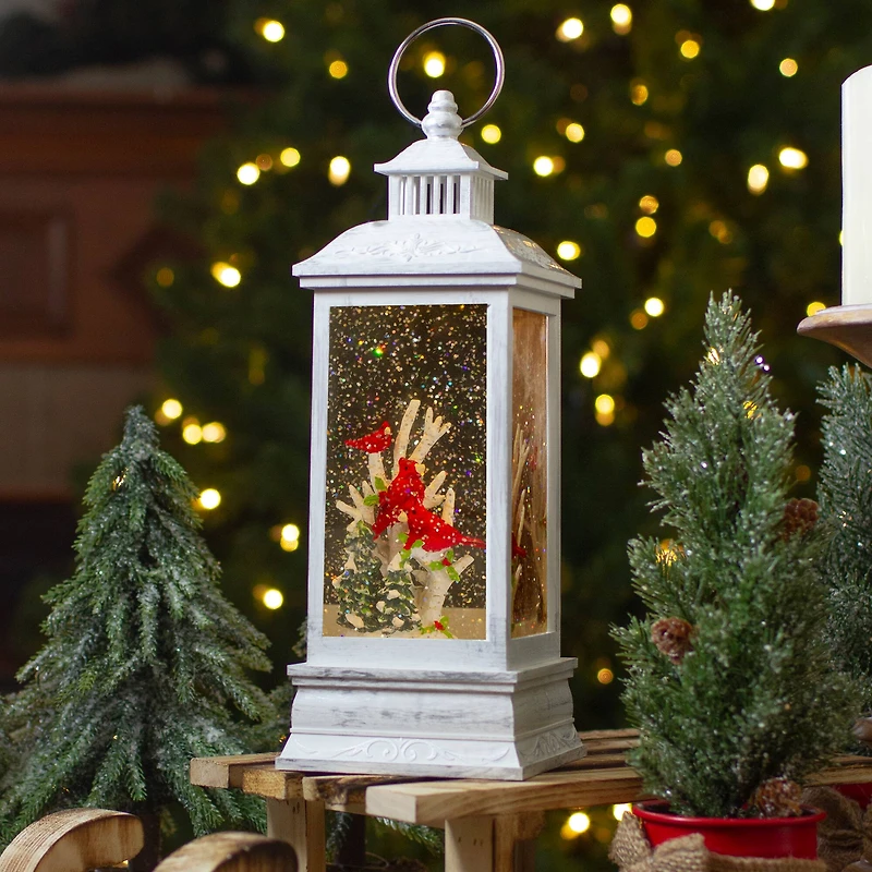 11" White & Brushed Silver Christmas Cardinals Snow Globe Lantern