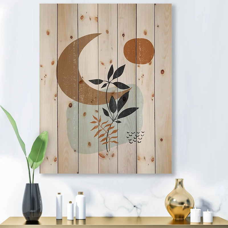 Designart - Abstract Sun & Moon With Minimal Plants - Modern Print on Natural Pine Wood