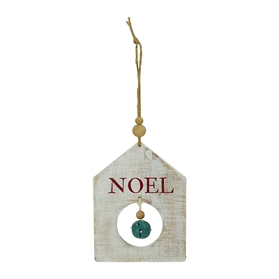 Rustic Wooden "NOEL" with Bell Christmas Tag Ornament - 8" - Green and White