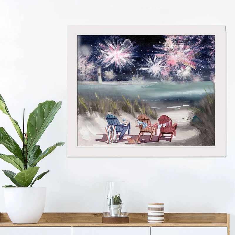 Beach Fireworks White Framed Print Under Plexiglass