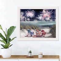 Beach Fireworks White Framed Print Under Plexiglass