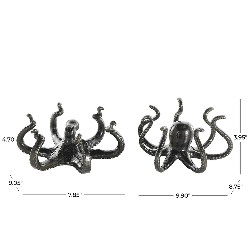 Black Aluminum Metal Octopus with Splayed Arms Sculpture Set