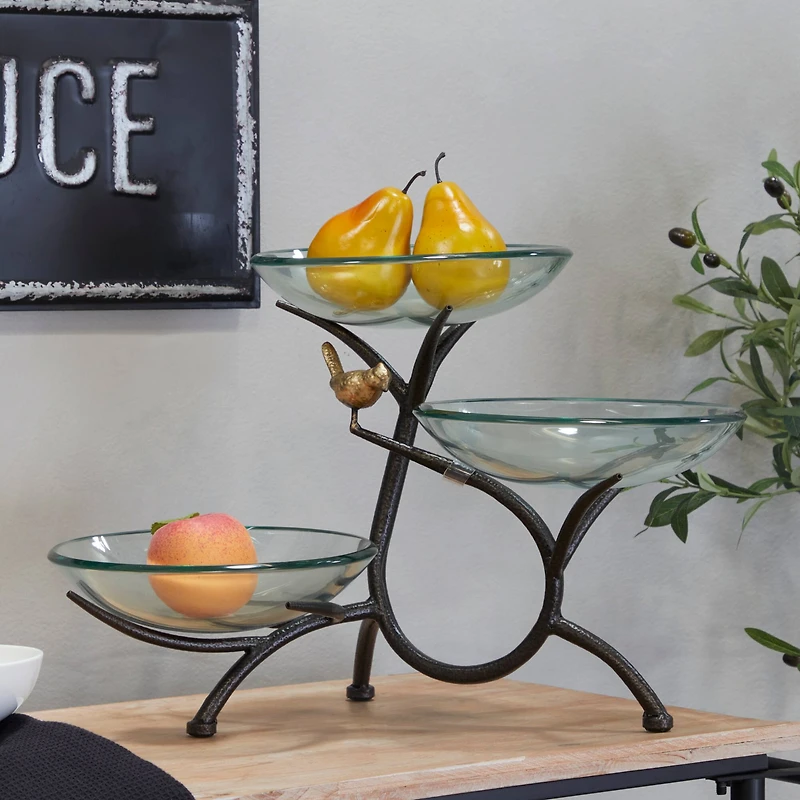 20" Clear Glass Kitchen Serving Bowl with 3-Tier Black Metal Branch Stand
