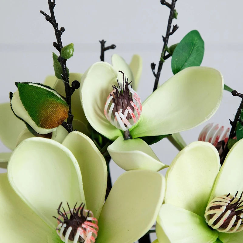 15" White Magnolia Arrangement with Glass Vase