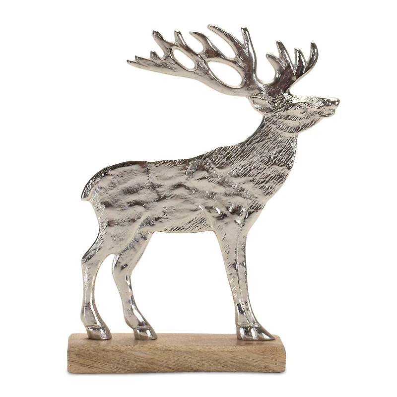 Silver Metal Deer Silhouette with Wood Base Set