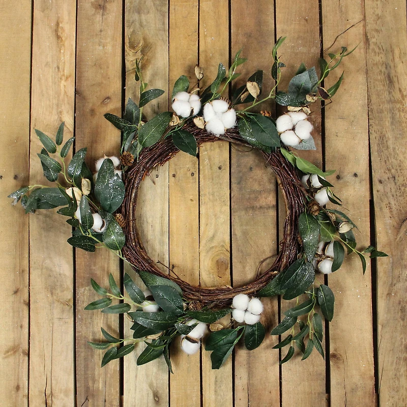18" Unlit White Cotton Flowers With Foliage Spring Twig Wreath