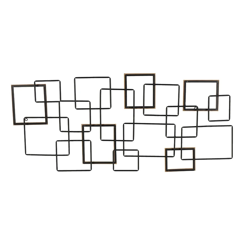 Black Metal Geometric Overlapping Wire Square Wall Décor with Gold Accents
