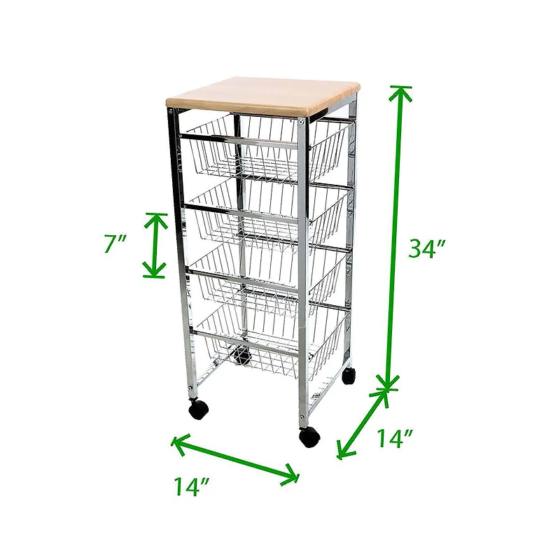 Mind Reader 34" Silver 4-Tier Wire Basket Cart with Wood Surface