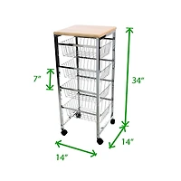 Mind Reader 34" Silver 4-Tier Wire Basket Cart with Wood Surface