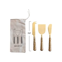 Hello Honey® Gold Stainless Steel Cheese Server Set with Rattan-Wrapped Mango Wood Handles